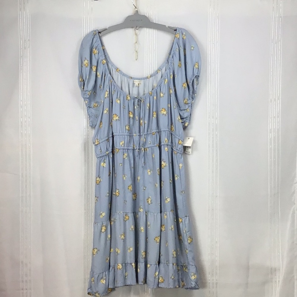 🆕 Ultra Flirt Light Blue Floral Drop Shoulder Tiered Babydoll Dress Sz.2X